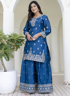 Vegaa Fashion Aqua Blue Chinon Silk Embroidered Palazzo Suit | Grocsy