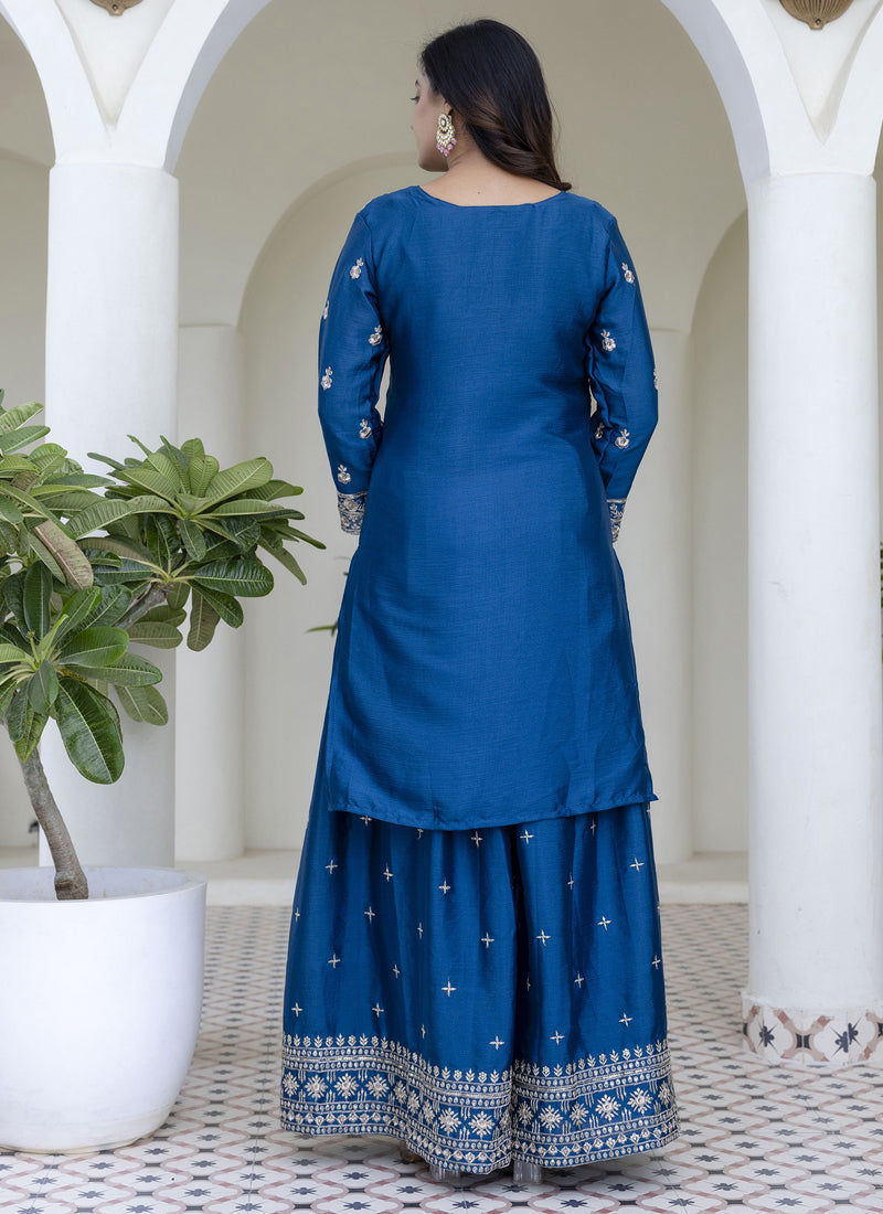 Vegaa Fashion Aqua Blue Chinon Silk Embroidered Palazzo Suit | Grocsy