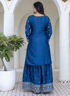 Vegaa Fashion Aqua Blue Chinon Silk Embroidered Palazzo Suit | Grocsy