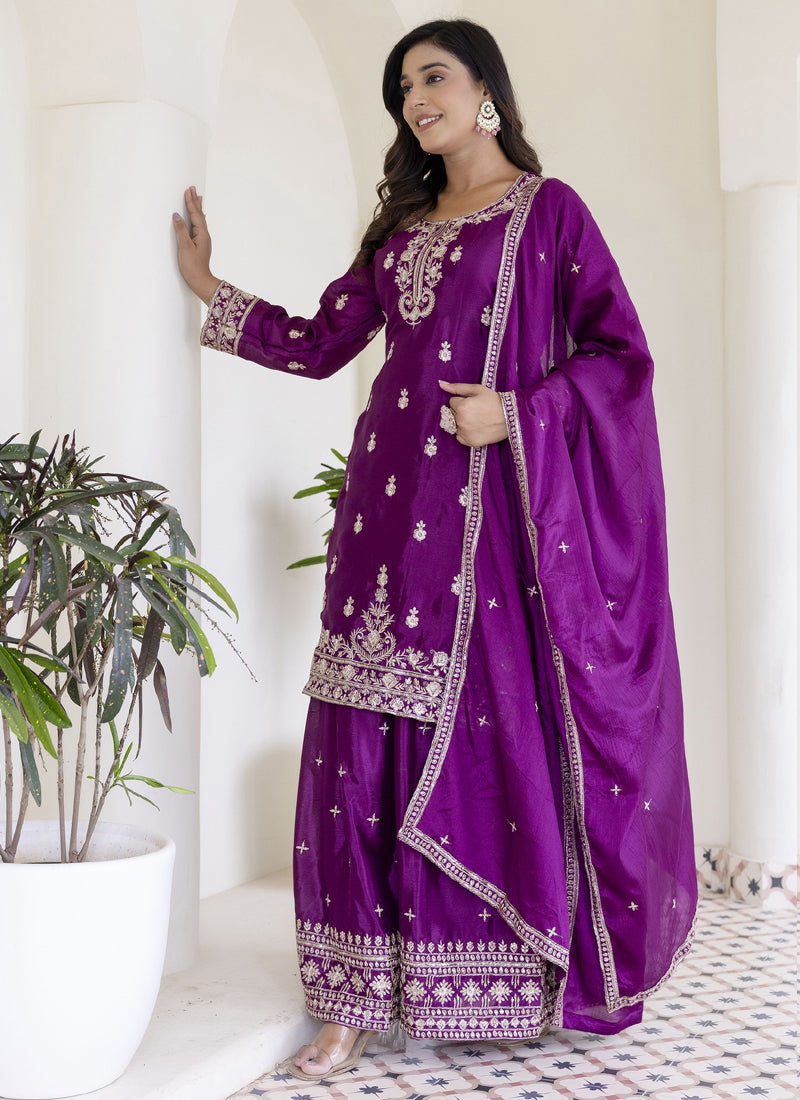 Vegaa Fashion Purple Chinon Silk Embroidered Palazzo Suit | Grocsy