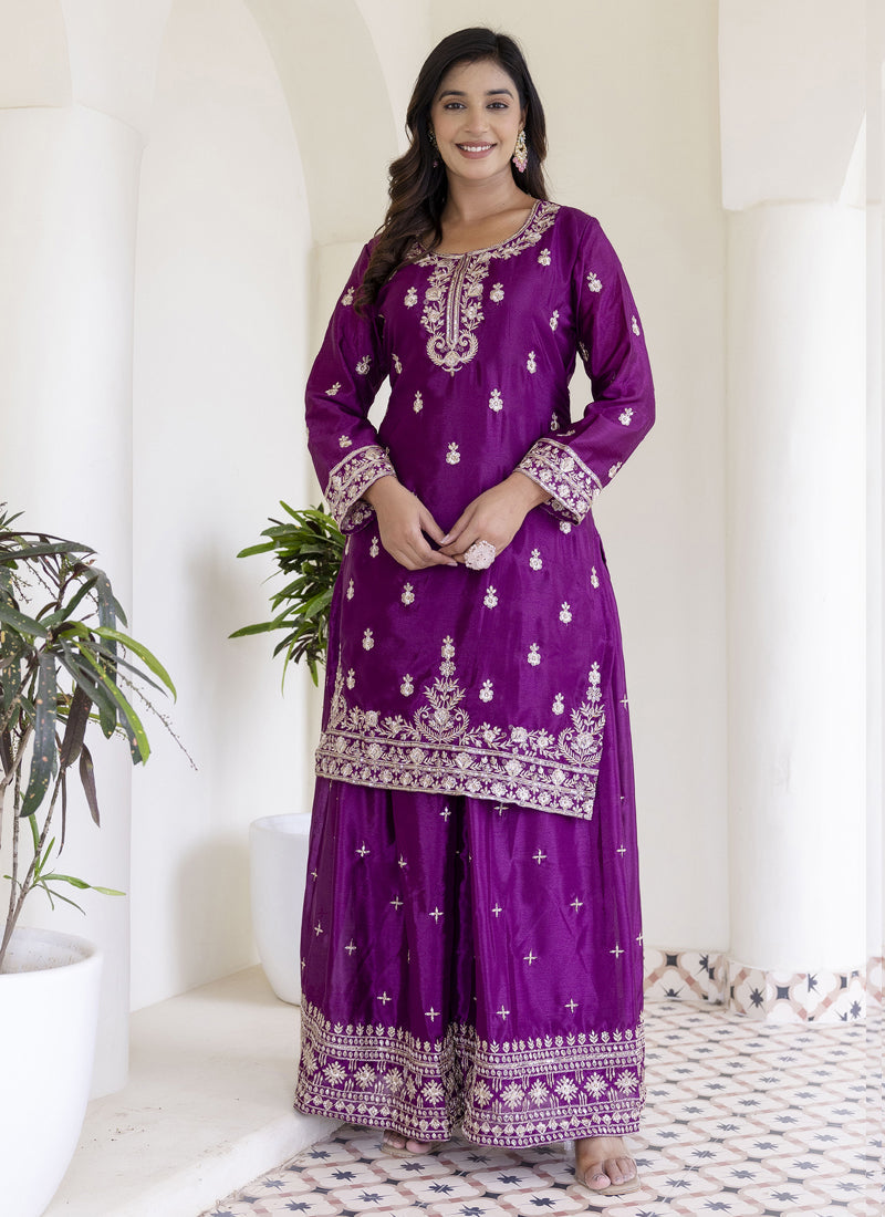 Vegaa Fashion Purple Chinon Silk Embroidered Palazzo Suit | Grocsy