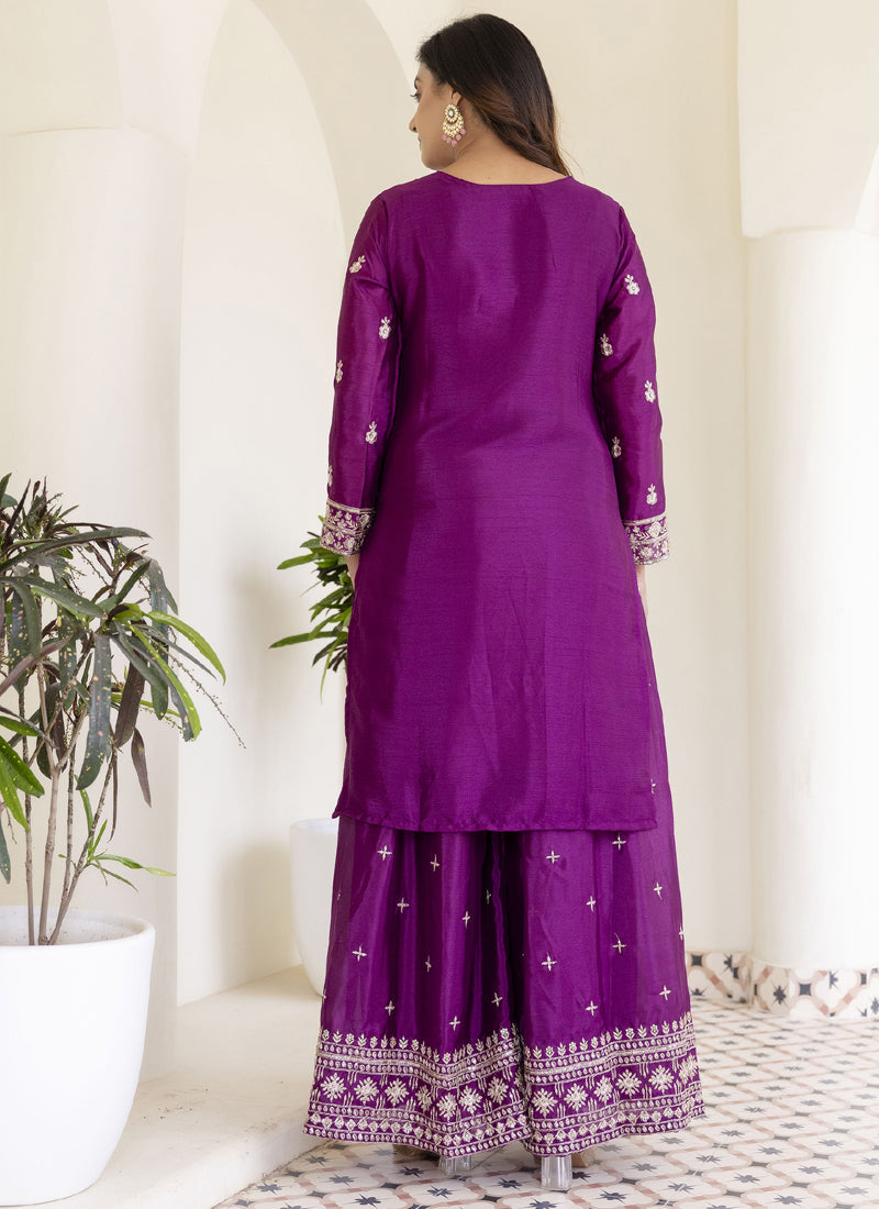 Vegaa Fashion Purple Chinon Silk Embroidered Palazzo Suit | Grocsy