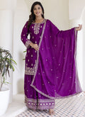 Vegaa Fashion Purple Chinon Silk Embroidered Palazzo Suit | Grocsy