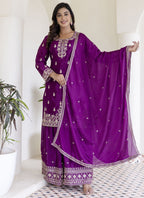 Vegaa Fashion Purple Chinon Silk Embroidered Palazzo Suit | Grocsy
