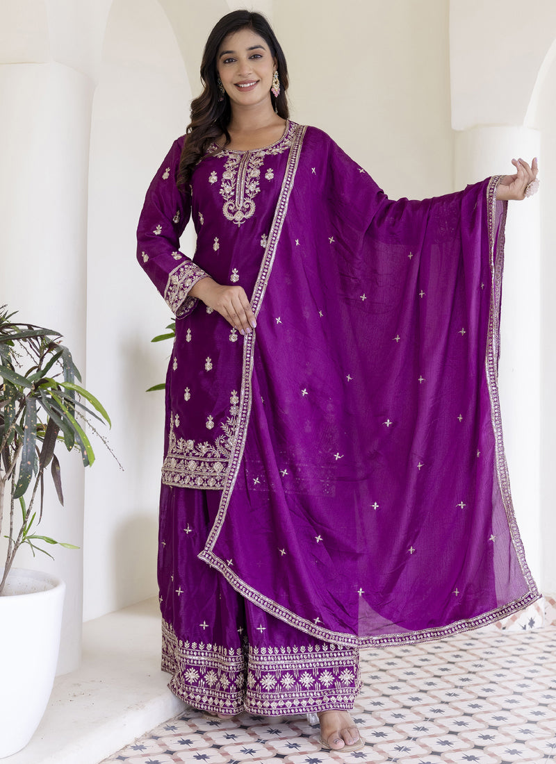 Vegaa Fashion Purple Chinon Silk Embroidered Palazzo Suit | Grocsy