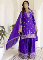 Vegaa Fashion Violet Chinon Silk Embroidered Palazzo Suit | Grocsy