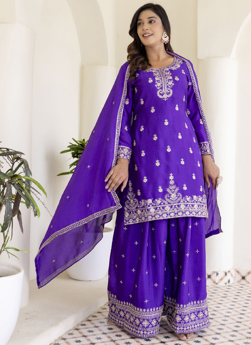 Vegaa Fashion Violet Chinon Silk Embroidered Palazzo Suit | Grocsy