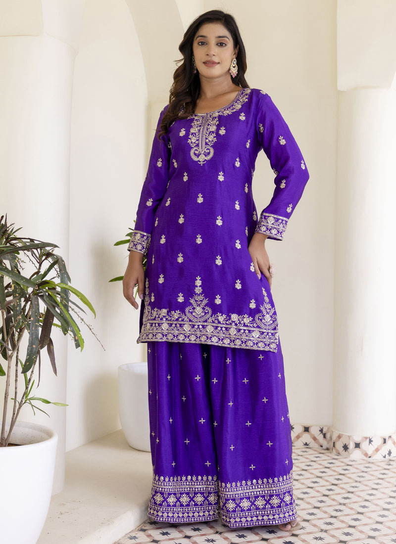 Vegaa Fashion Violet Chinon Silk Embroidered Palazzo Suit | Grocsy