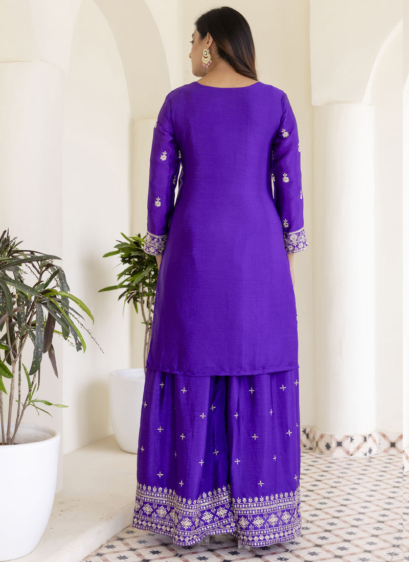 Vegaa Fashion Violet Chinon Silk Embroidered Palazzo Suit | Grocsy