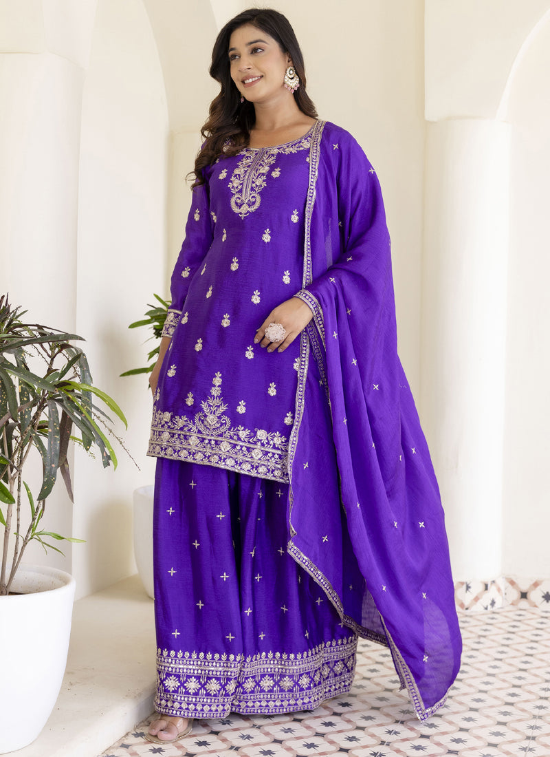 Vegaa Fashion Violet Chinon Silk Embroidered Palazzo Suit | Grocsy