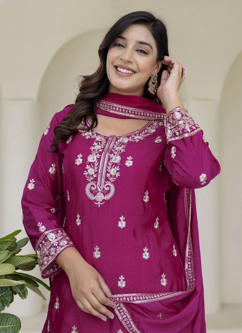 Vegaa Fashion Wine Chinon Silk Embroidered Palazzo Suit | Grocsy