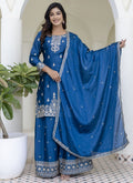 Vegaa Fashion Aqua Blue Chinon Silk Embroidered Palazzo Suit | Grocsy
