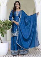 Vegaa Fashion Aqua Blue Chinon Silk Embroidered Palazzo Suit | Grocsy