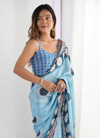 Vegaa Fashion Sky Blue Chinon Printed Party Wear Saree | Grocsy