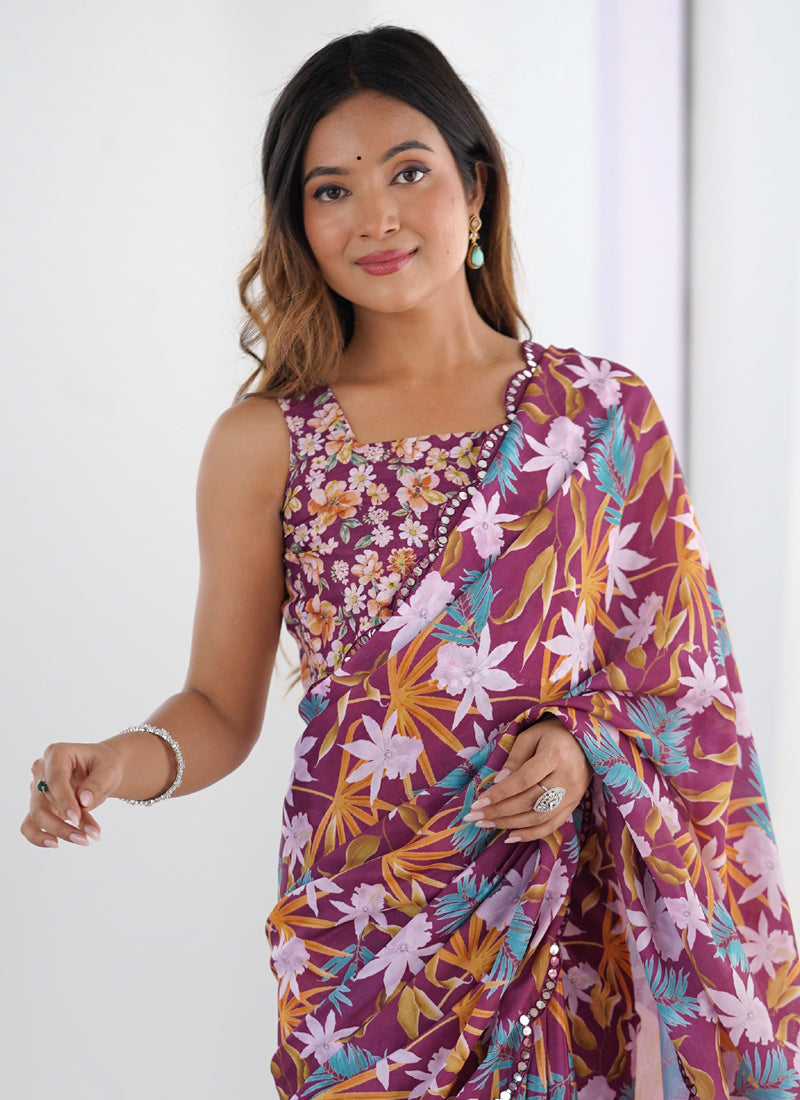 Vegaa Fashion Wine Chinon Printed Party Wear Saree | Grocsy
