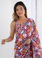 Vegaa Fashion Wine Chinon Printed Party Wear Saree | Grocsy