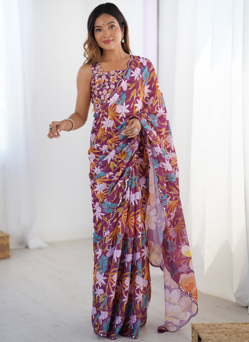 Vegaa Fashion Wine Chinon Printed Party Wear Saree | Grocsy