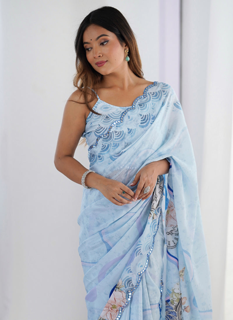 Vegaa Fashion Light Blue Chinon Printed Party Wear Saree | Grocsy