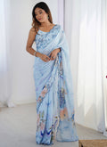 Vegaa Fashion Light Blue Chinon Printed Party Wear Saree | Grocsy