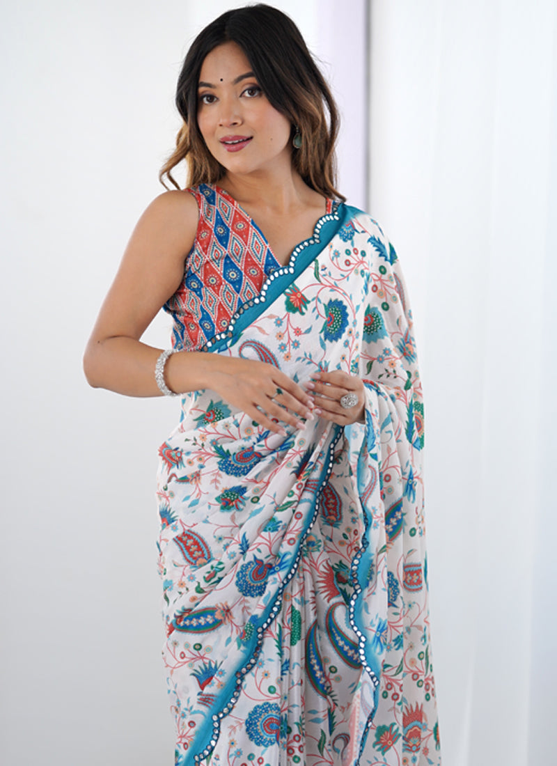 Vegaa Fashion Off White Chinon Printed Party Wear Saree | Grocsy