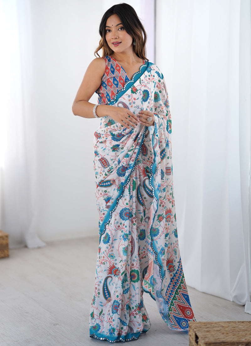 Vegaa Fashion Off White Chinon Printed Party Wear Saree | Grocsy