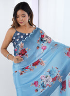 Vegaa Fashion Light Blue Chinon Printed Party Wear Saree | Grocsy