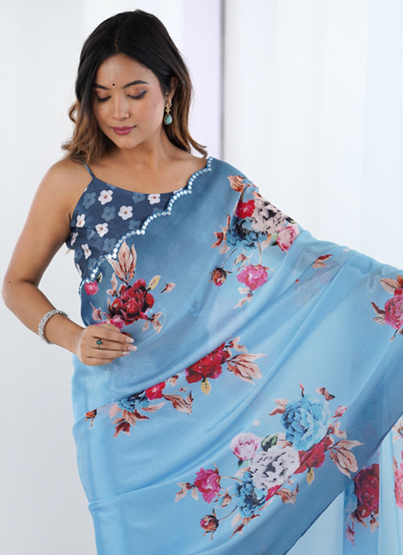 Vegaa Fashion Light Blue Chinon Printed Party Wear Saree | Grocsy