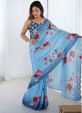 Vegaa Fashion Light Blue Chinon Printed Party Wear Saree | Grocsy