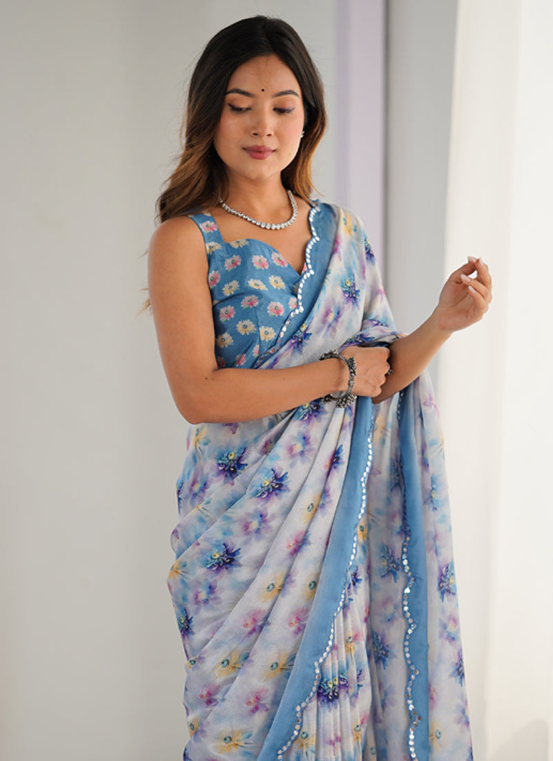Vegaa Fashion Off White Chinon Printed Party Wear Saree | Grocsy