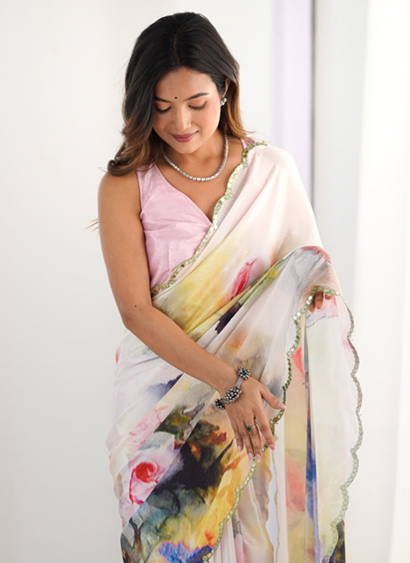 Vegaa Fashion Off White Chinon Printed Party Wear Saree | Grocsy