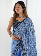 Vegaa Fashion Light Blue Chinon Printed Party Wear Saree | Grocsy
