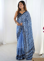 Vegaa Fashion Light Blue Chinon Printed Party Wear Saree | Grocsy
