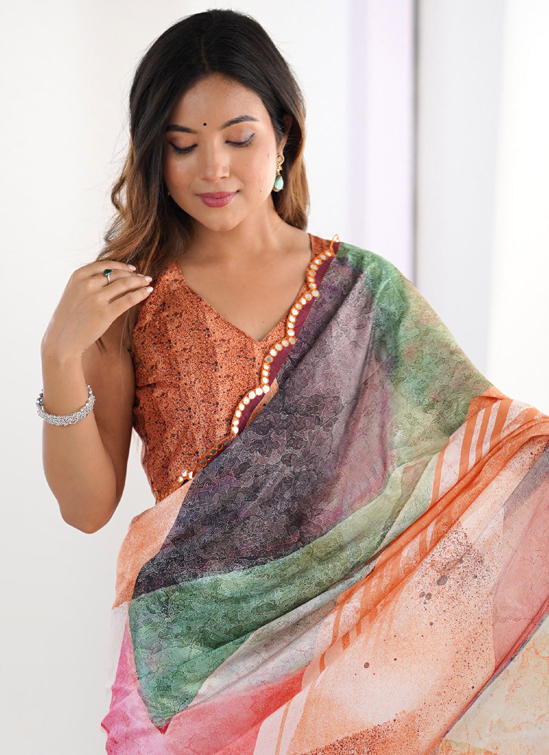 Vegaa Fashion Multi Color Chinon Printed Party Wear Saree | Grocsy