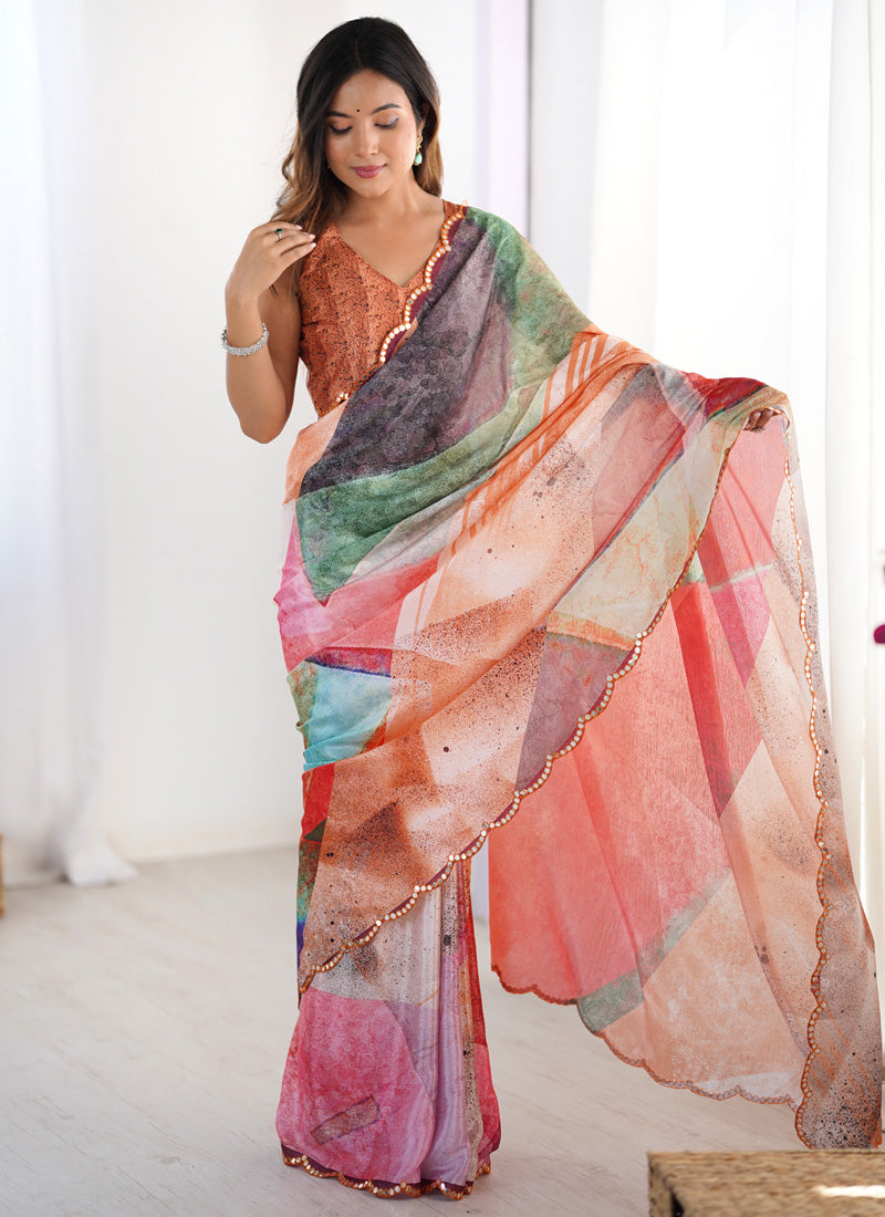 Vegaa Fashion Multi Color Chinon Printed Party Wear Saree | Grocsy