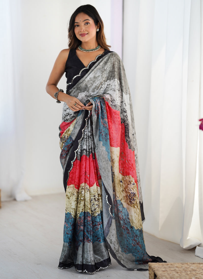 Vegaa Fashion Multi Color Chinon Printed Party Wear Saree | Grocsy