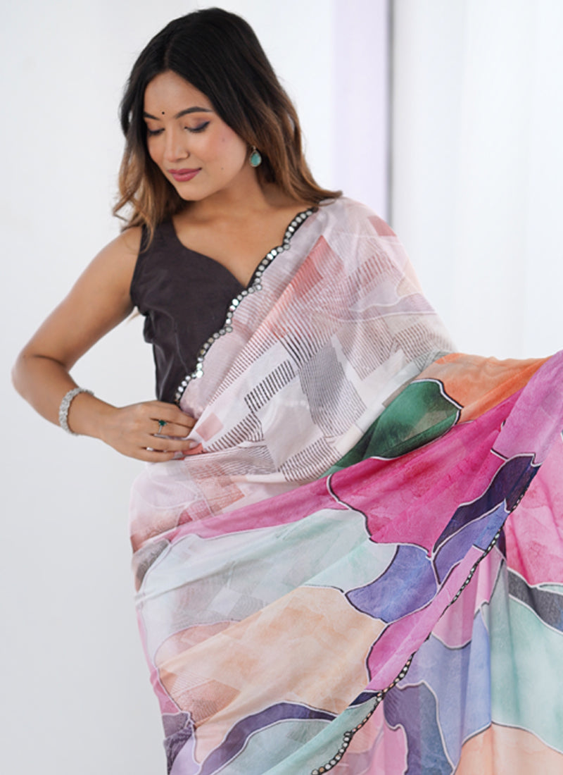 Vegaa Fashion Multi Color Chinon Printed Party Wear Saree | Grocsy