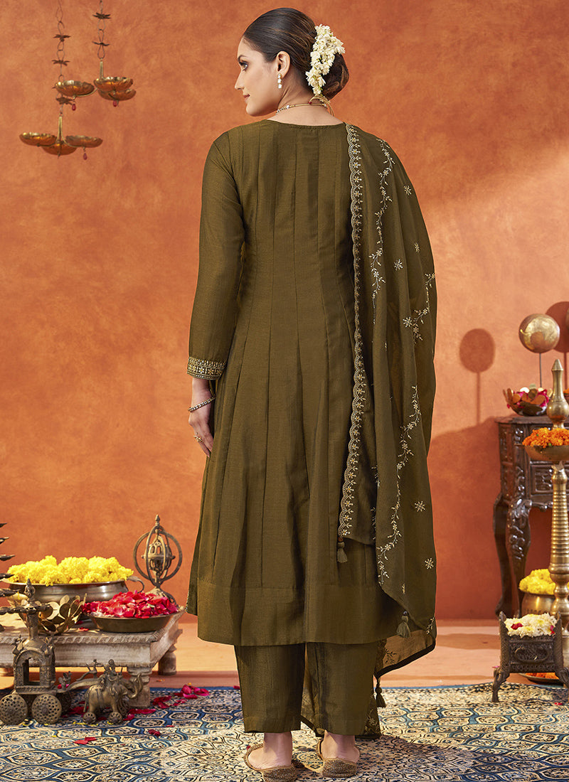 Vegaa Fashion Dark Golden Silk Blend Embroidered Designer Salwar Suit | Grocsy