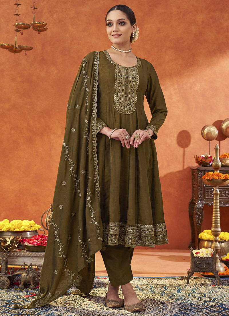 Vegaa Fashion Dark Golden Silk Blend Embroidered Designer Salwar Suit | Grocsy