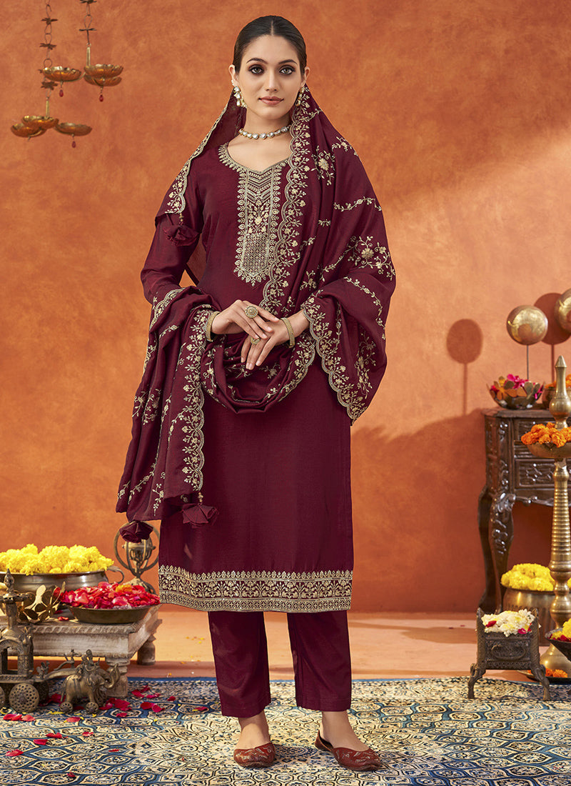 Vegaa Fashion Maroon Silk Blend Embroidered Designer Salwar Suit | Grocsy