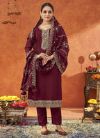 Vegaa Fashion Maroon Silk Blend Embroidered Designer Salwar Suit | Grocsy