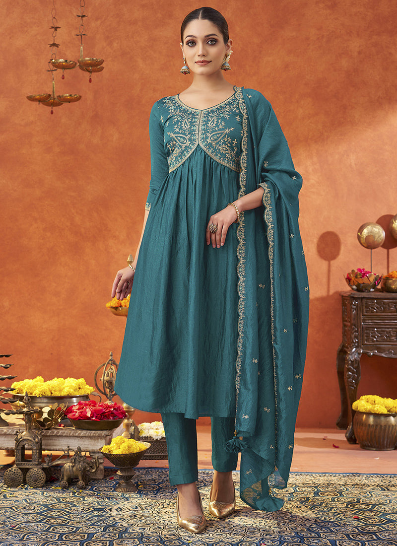 Vegaa Fashion Rama Silk Blend Embroidered Designer Salwar Suit | Grocsy