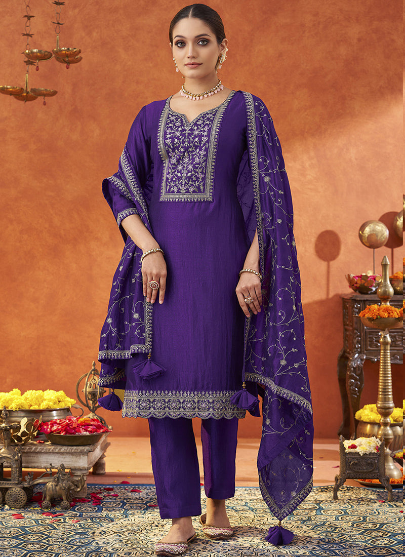 Vegaa Fashion Violet Silk Blend Embroidered Designer Salwar Suit | Grocsy