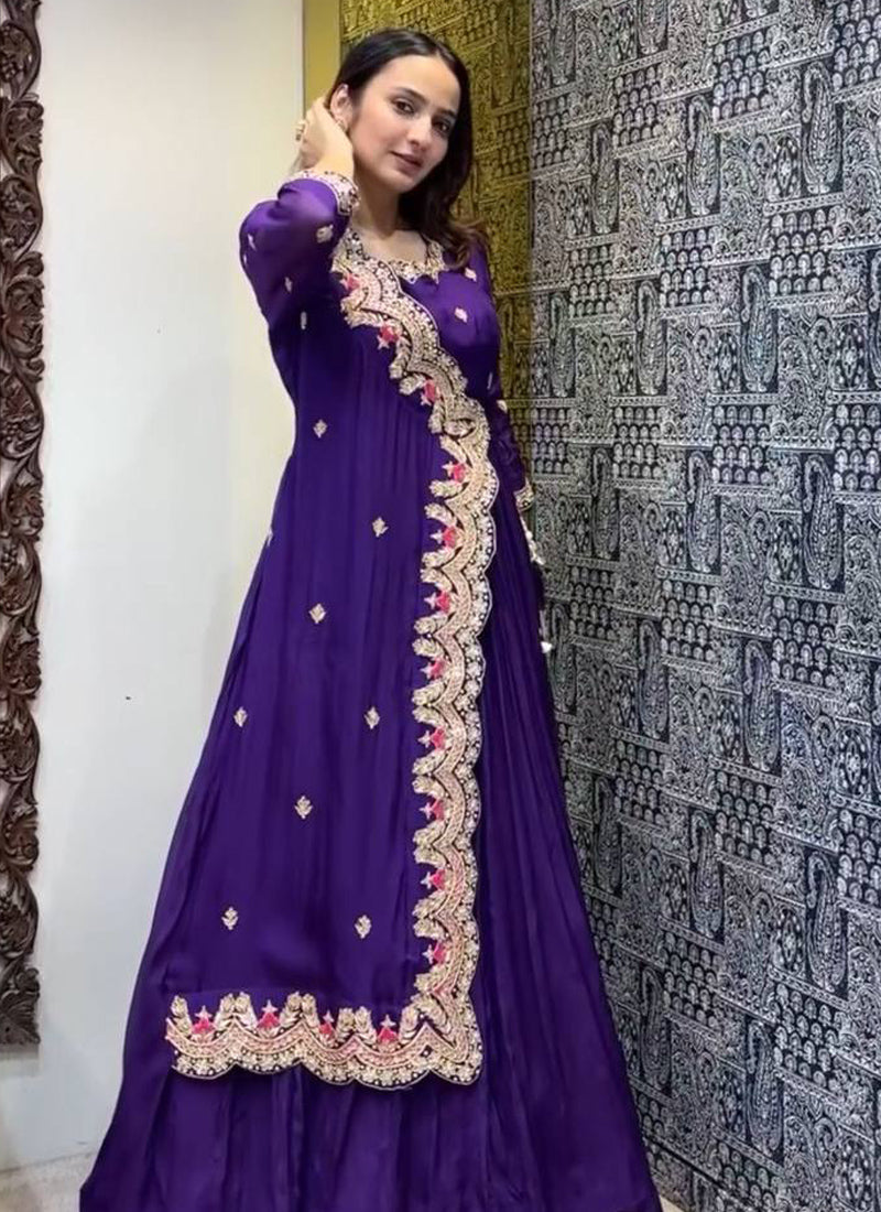 Vegaa Fashion Violet Georgette Embroidered Designer Gown | Grocsy