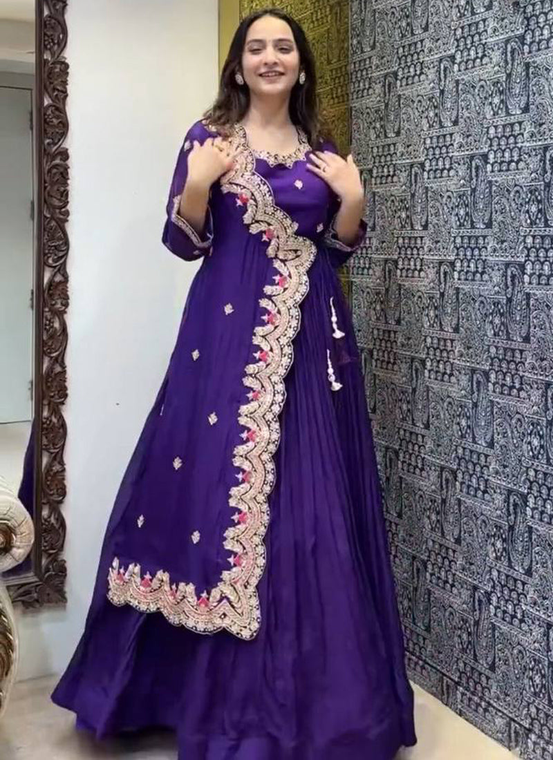 Vegaa Fashion Violet Georgette Embroidered Designer Gown | Grocsy