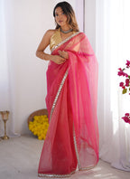 Vegaa Fashion Pink Organza With Lace Work Designer Saree | Grocsy