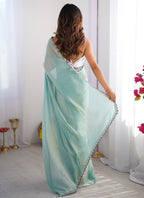 Vegaa Fashion Sky Blue Organza With Lace Work Designer Saree | Grocsy