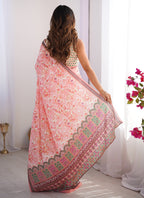 Vegaa Fashion Light Red Organza With Lace Work Designer Saree | Grocsy
