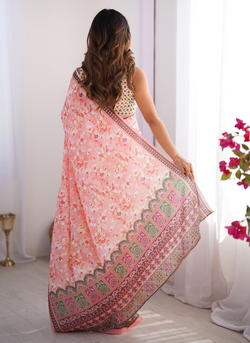 Vegaa Fashion Light Red Organza With Lace Work Designer Saree | Grocsy
