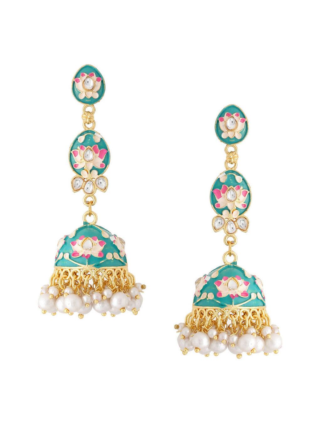 NVR Women Gold-Polished Blue Kundan Jhumkas Earrings | Grocsy