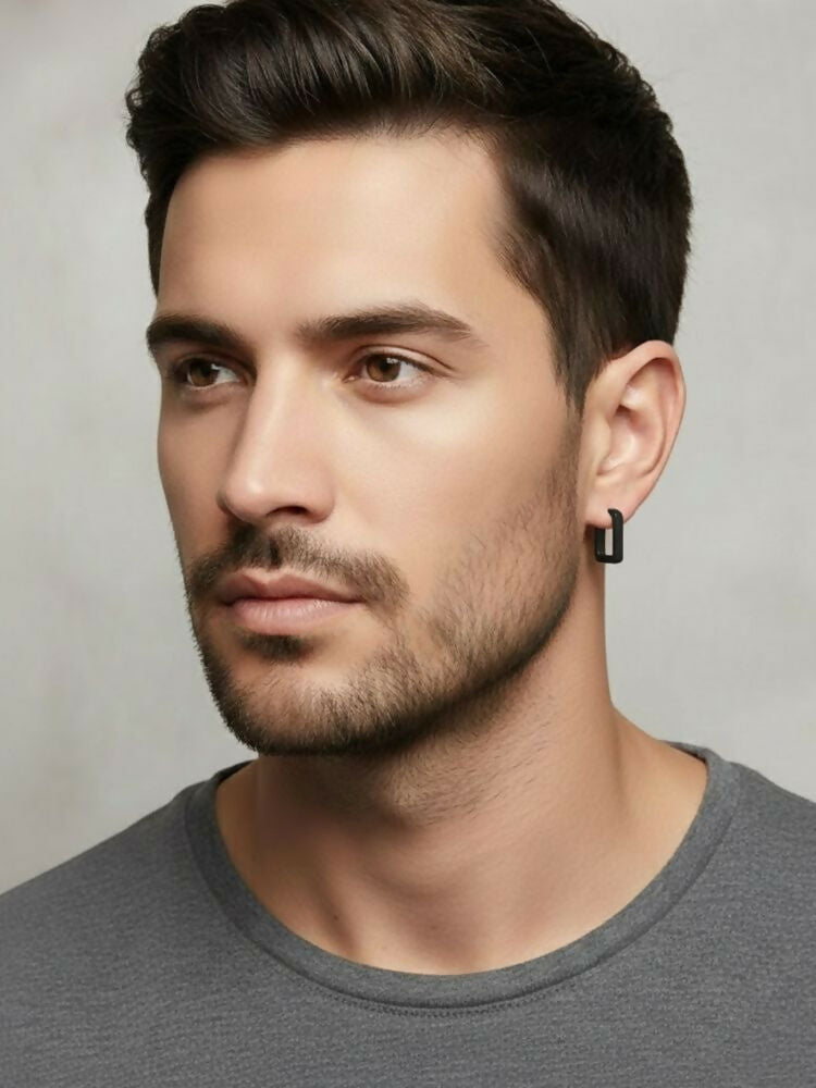 NVR Men's Black Rhodium Plated Geomatric Shaped Hoop Earrings | Grocsy